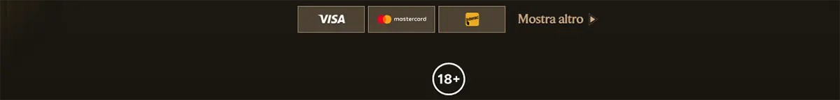Payment methods footer with Visa, Mastercard, and Maestro icons, a “Mostra altro” link, and an 18+ badge on a dark background.