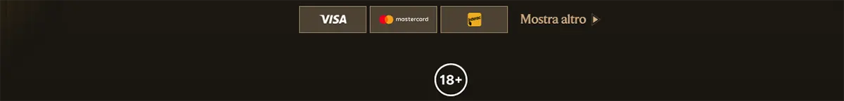 Payment methods footer with Visa, Mastercard, and Maestro icons, a “Mostra altro” link, and an 18+ badge on a dark background.