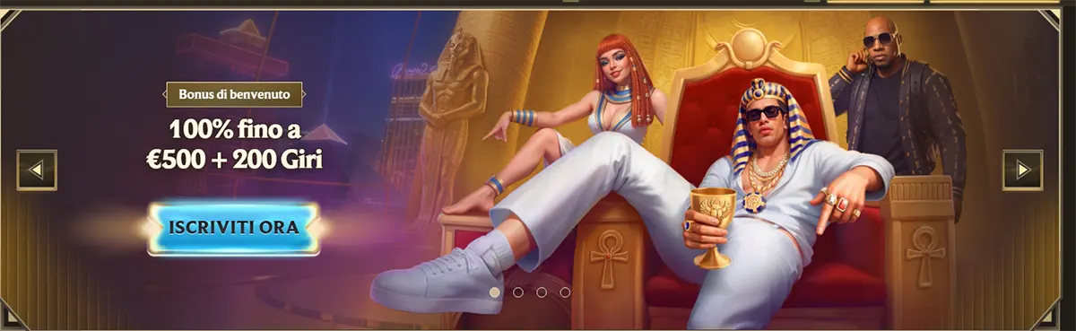 Italian casino welcome bonus banner featuring luxury Egyptian-themed characters on a throne, promoting 100% up to €500 plus 200 free spins, with a glowing “Iscriviti ora” sign-up button.
