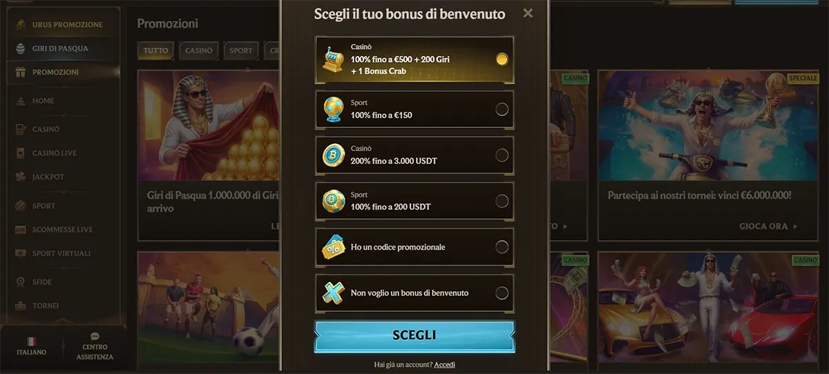 Italian casino welcome bonus selection popup with multiple bonus options for casino, sport, and crypto offers, plus promo code and no-bonus choices, and a bright blue “Scegli” button on a dark gold casino interface.