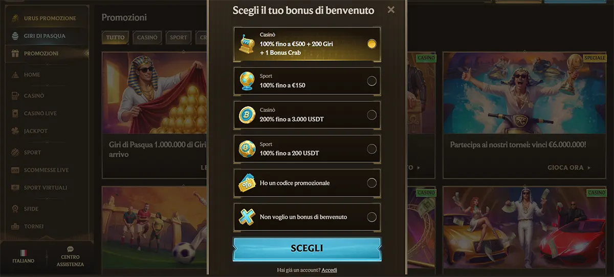 Italian casino welcome bonus selection popup with multiple bonus options for casino, sport, and crypto offers, plus promo code and no-bonus choices, and a bright blue “Scegli” button on a dark gold casino interface.